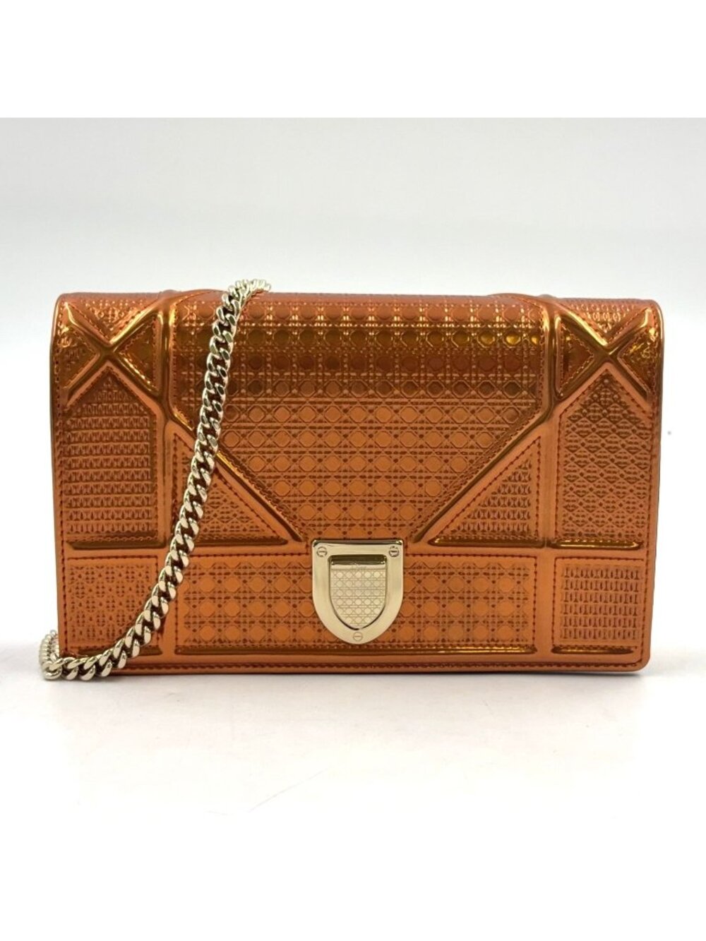 Dior Diorama Leather Patent Orange Black Chain Shoulder Bag Silver